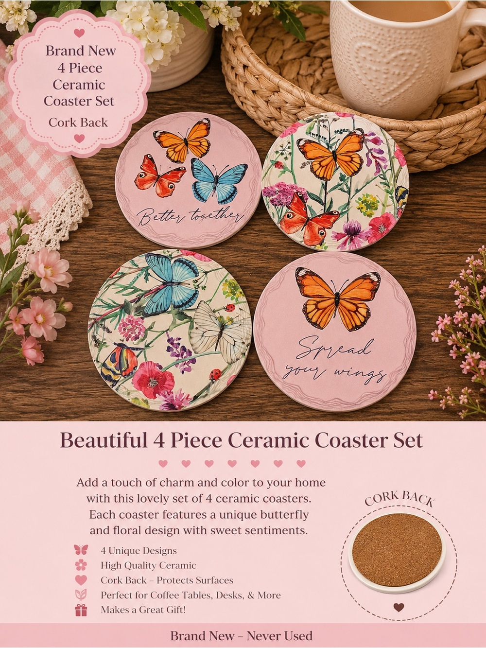 Source Unknown Pink & Orange Butterfly Ceramic Coaster Set - 4 Piece